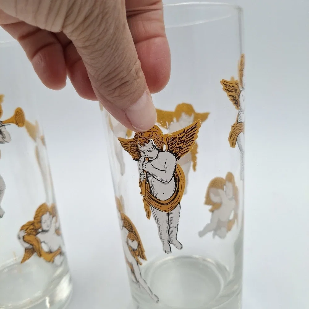 Vintage Culver Tall Cooler Barware Glasses Cherubs & Stars Set of 2 Made In USA